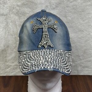 Indigo Soul Hat Cap Strap Back Blue Denim Rhinestone Cross Bling Womens Jeweled